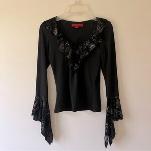 Y2K Whimsigoth Witchy Jennyfer Top Black Medium Lace Up Neckline Fairy Grunge